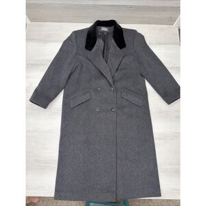Loring Women's Gray 80% Wool Long Double Breasted‎ Trench Coat Velvet Collar 16